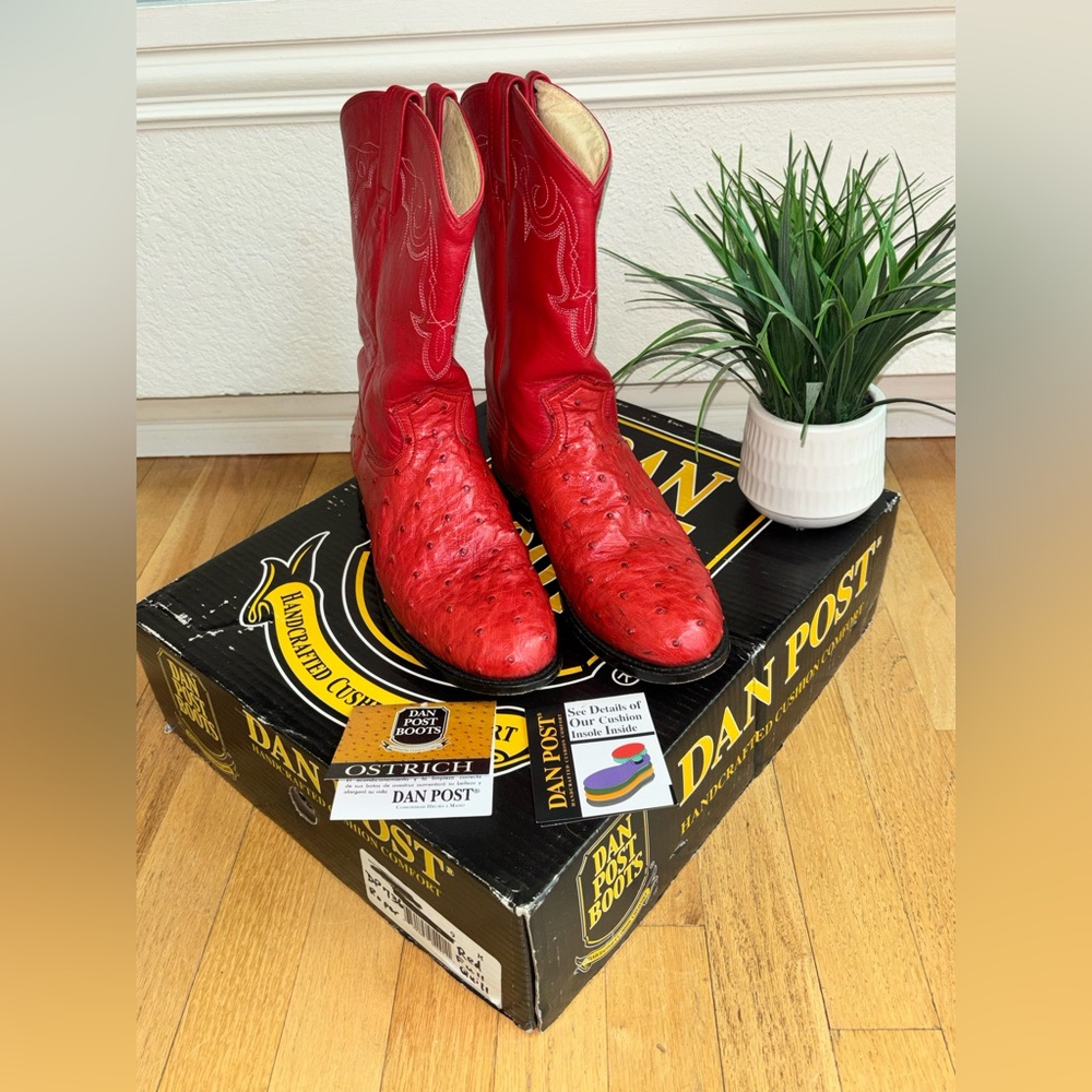 Dan Post Bright Red Full Quill Ostrich Cowboy Roper Boots 9 M